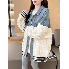 批发抖音质量韩版秋冬<b class='q'>牛仔</b>拼接Polo领针织宽松休闲开衫外套<b class='q'>女</b>