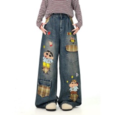 批发卡通刺绣格子口袋<b class='q'>牛仔</b>裤女2025秋新款童趣宽松bf韩系街头阔腿裤