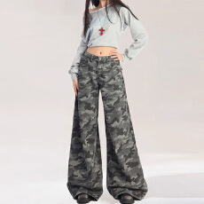 批发2025新款阔腿<b class='q'>裤</b><b class='q'>美式</b>复古<b class='q'>迷彩</b>牛仔<b class='q'>裤</b>女大码高腰宽松显瘦拖地工装<b class='q'>裤</b>