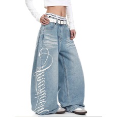 批发美式复古水洗字母印花弯刀牛仔裤男女街头潮牌宽松休闲阔腿直筒裤