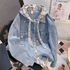 批发实拍2025秋<b class='q'>冬</b>新款慵懒风设计感假两件连帽牛仔外套女