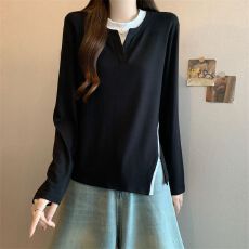 批发实拍2026春秋新款假两件宽松内搭打底衫不规则韩版上衣长袖<b class='q'>t</b><b class='q'>恤</b>女