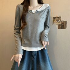 批发实拍2026春秋韩版修身撞色百搭上衣假两件打底衫长袖<b class='q'>t</b><b class='q'>恤</b>女