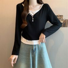 批发实拍2026春秋纽扣长袖韩版修身打底上衣撞色假两件<b class='q'>t</b><b class='q'>恤</b>女