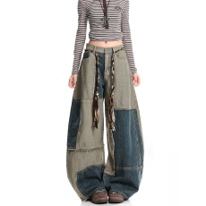 批发美式复古做旧印花破洞阔腿<b class='q'>牛仔裤</b><b class='q'>女生</b>秋季直筒潮高腰显瘦宽松长裤