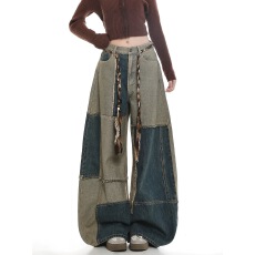 批发超火双色拼接设计感牛仔裤女秋<b class='q'>冬</b>松弛感宽松高腰直筒阔腿裤子