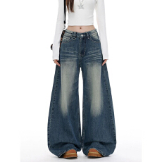 批发美式复古宽松阔腿牛仔裤女2025秋<b class='q'>冬</b>季新款低腰显瘦慵懒风直筒裤子
