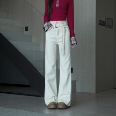 批发实拍-春款高腰显瘦微喇米杏色阔腿<b class='q'>牛仔裤</b>女直筒慵懒垂感拖地裤