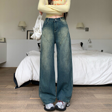 批发实拍-春秋拼接复古牛仔<b class='q'>裤</b>女设计高腰宽松<b class='q'>大码</b>胖mm阔腿直筒拖地<b class='q'>裤</b>