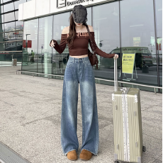 批发<b class='q'>实拍</b>-春秋美式高腰复古弯刀阔腿牛仔<b class='q'>裤</b>女显瘦垂感宽松直筒<b class='q'>裤</b>子