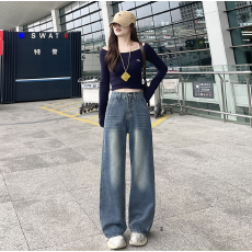 批发<b class='q'>实拍</b>-梨形身材遮肉大码小个子阔腿牛仔<b class='q'>裤</b>女胖mm宽松直筒拖地长<b class='q'>裤</b>