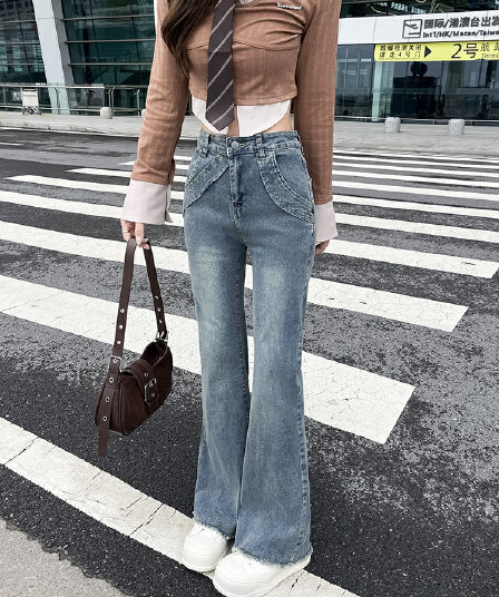 실사 봄 가을 마이크로 나팔 넓은 다리 패션 슬림해 보이는 청바지 여성 빅 사이즈 지방 mm 로우 웨이스트 도루 센스 바닥 청소 바지
