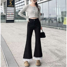 批发实拍-春秋蕾丝黑色微喇牛仔裤女高腰显瘦修身<b class='q'>九分</b>百搭喇叭裤女