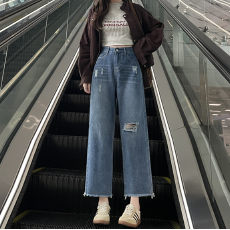 批发实拍-春秋破洞毛边阔腿牛仔裤女大码高腰宽松显瘦八分直筒裤子