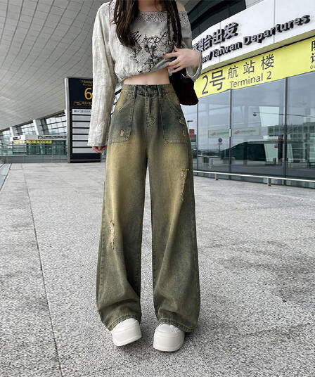 실사 봄 가을 아메리칸 레트로 불모지 바람 찢어진 부분 넓은 다리 청바지 여성 하이웨이스트 루즈핏 스트레이트 바지