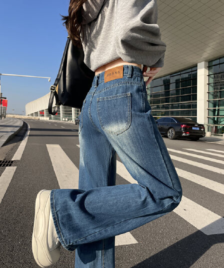실사 봄 가을 레트로 블루 부츠컷 청바지 여성 통통한 여동생 하이웨이스트 표지 넓적 다리 슬림해 보이는 배 종류 몸 나팔 바지