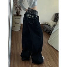 批发设计感腰头拼接豹纹牛仔裤裤子女款2025<b class='q'>冬</b>季新款加长直筒裤阔腿裤