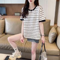 批发实拍2026夏季<b class='q'>雪纺</b>条纹百搭宽松时尚上衣<b class='q'>短袖</b><b class='q'>T</b><b class='q'>恤</b>女