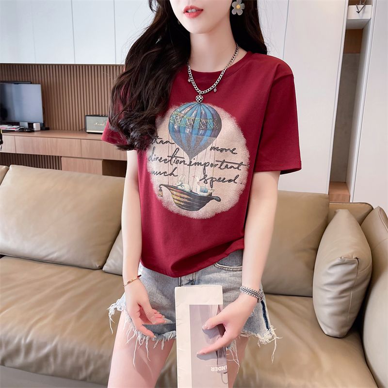 RY363# 实拍2026夏季仿棉螺纹烫钻百搭短款宽松上衣时尚印花短袖T恤女