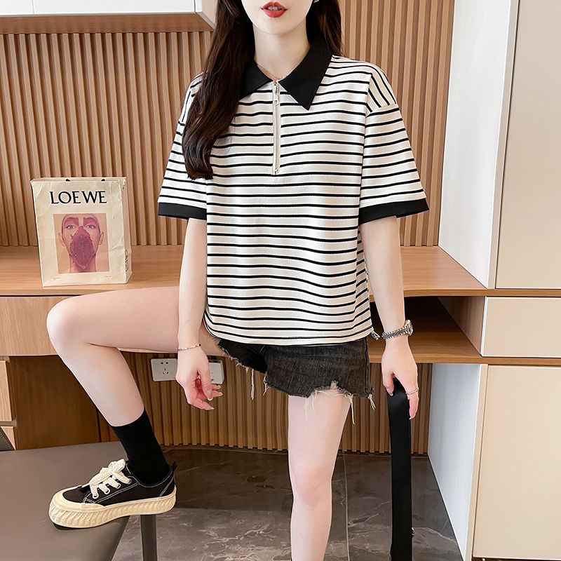RY361# 实拍2026夏季polo领宽松显瘦百搭时尚半拉链条纹短袖T恤女