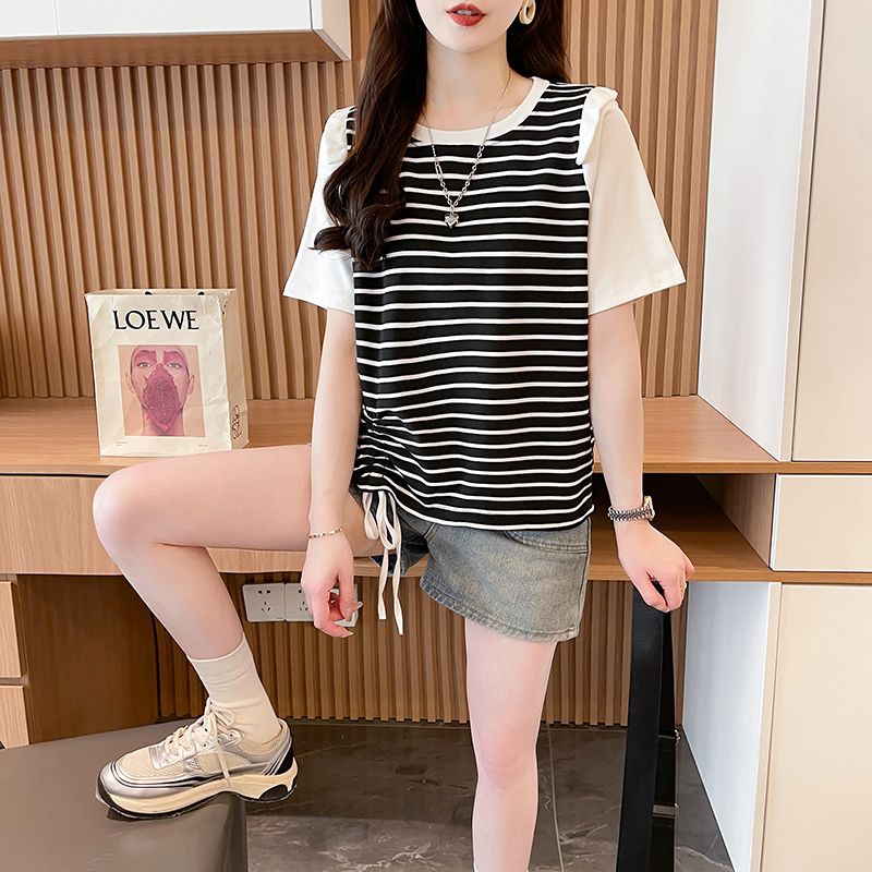 RY359# 实拍2026夏季韩版撞色圆领百搭时尚大码宽松条纹短袖T恤女