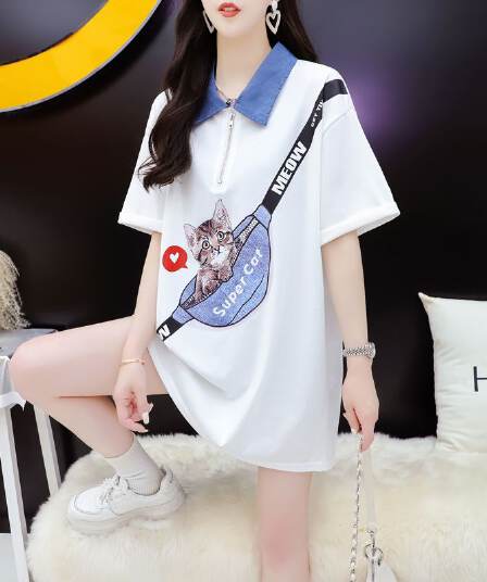 실사 2026 여름 220 그램 조수 브랜드 면 빅 사이즈 데님 칼라 프린트 반팔 티셔츠 여성