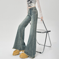 批发蓝色<b class='q'>大码</b>微喇牛仔<b class='q'>裤</b>女春季新款胖mm设计感毛边高腰显瘦百搭喇叭<b class='q'>裤</b>