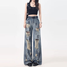 批发美式复古女宽松拖地阔腿裤辣妹风扎染破洞<b class='q'>牛仔裤</b>春季新款慵懒长裤