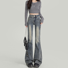 批发高腰显瘦微喇<b class='q'>牛仔裤</b>女设计感双扣蝴蝶结修身显瘦喇叭裤子