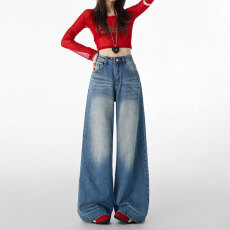 批发春夏新款宽松小个子设计感蓝色抓纹<b class='q'>牛仔裤</b>女休闲高腰显瘦阔腿长裤