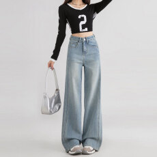 批发春夏新款高腰显瘦浅蓝色大码宽松直筒<b class='q'>牛仔裤</b>女小个子百搭阔腿长裤