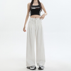 批发胖mm小个子春季大码褶皱阔腿<b class='q'>牛仔裤</b>女韩版高腰宽松直筒拖地裤子