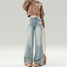 批发美式大码破洞设计感宽松阔腿裤春季新款高腰显瘦百搭拖地裤直筒裤