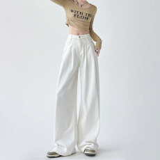 批发春夏2026新款白色高腰阔腿<b class='q'>牛仔裤</b>女褶皱高级感宽松直筒垂感拖地裤