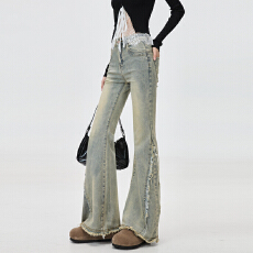 批发春夏新款大码毛边微喇叭小个子梨型身材牛仔裤<b class='q'>女</b>微喇显瘦马蹄裤