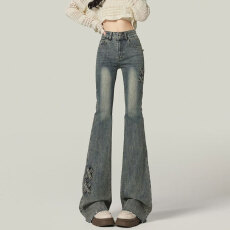 批发牛仔裤<b class='q'>女</b>装高腰大码弹力微喇裤修身复古双扣马蹄<b class='q'>长裤</b>胖mm喇叭裤子