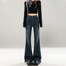 批发胖mm大码复古蓝微喇牛仔裤<b class='q'>女</b>百搭设计感蝴蝶结开叉高腰显瘦喇叭<b class='q'>裤</b>