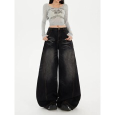 批发黑灰色弯刀牛仔裤<b class='q'>女</b>春夏美式复古宽松慵懒感小个子阔腿裤<b class='q'>女</b>