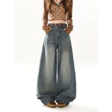 批发美式铆钉潮牌解构做旧水洗牛仔裤<b class='q'>女</b>复古宽松潮流阔腿百搭<b class='q'>长裤</b>