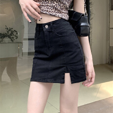 批发辣妹半身牛仔裙女ins风黑色<b class='q'>弹力</b>开叉设计包臀a字短裙防走光裤裙子