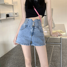 批发小个子超高腰排扣<b class='q'>弹力</b>牛仔短裤女收腹设计感修身直筒a字阔腿热裤