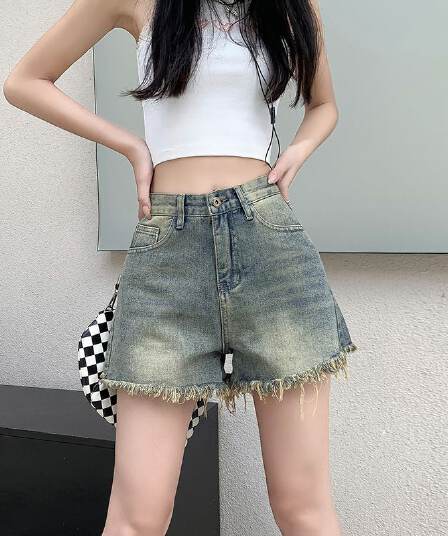 빅 사이즈 데님 반바지 여성 여름 몸매 가꾸기 거친 가장자리 레트로 캐주얼 하이웨이스트 도루 센스 루즈핏 슬림해 보이는 넓은 발 핫 바지