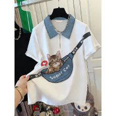 批发实拍2026夏季220克潮牌棉<b class='q'>大码</b><b class='q'>牛仔</b>领印花短袖T恤女