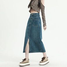 批发小个子设计感前开叉A字牛仔裙女夏季新款时尚高腰直筒显瘦半身裙