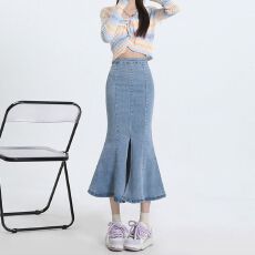 批发高腰弹力修身鱼尾牛仔裙女<b class='q'>夏</b>季新款ins包臀开叉中长辣妹a字半身裙