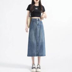 批发时尚复古牛仔半身裙女夏季新款高腰遮跨显瘦百搭a字包臀开叉裙子