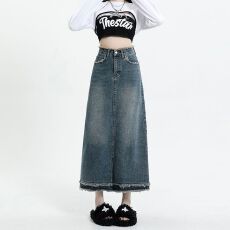 批发毛边小个子a字裙牛仔裙半身裙女<b class='q'>夏</b>季ins复古高腰包臀裙中长款裙子