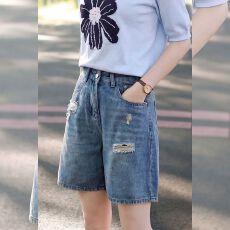 批发韩版破洞直筒牛仔裤女夏季新款小众百搭高腰宽松显瘦阔腿五分裤子