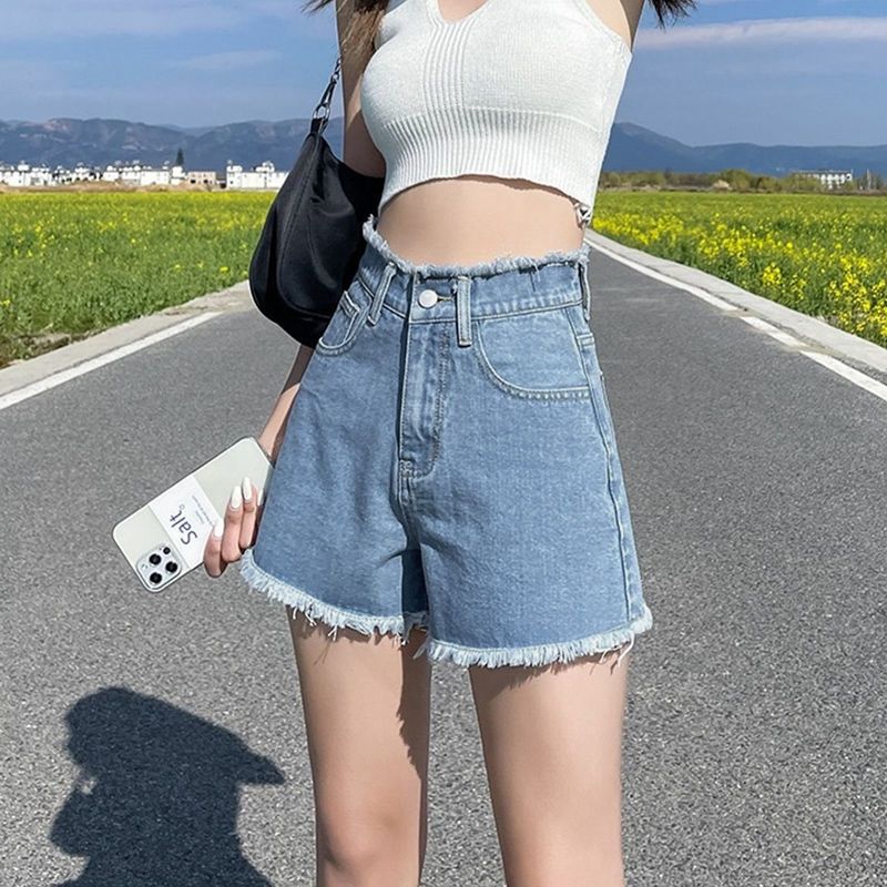 데님 반바지 여성 새로운 한국 스타일 다용도 하이웨이스트 학생 여름 드레스 인터넷 유명인 같은 단락 위아래로 거친 가장자리 넓은 다리 뜨거운 바지
