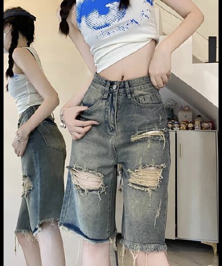 레트로 찢어진 부분 5 점 데님 반바지 여성 여름 ins 새로운 루즈핏 디스플레이 슬림 거리 디자인 센스 넓은 다리 바지